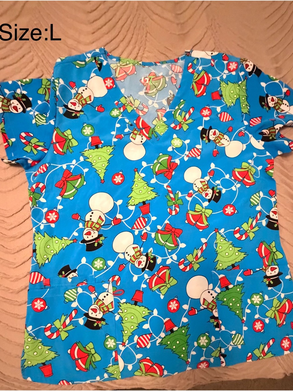Blue Holiday Snowman scrub Top
